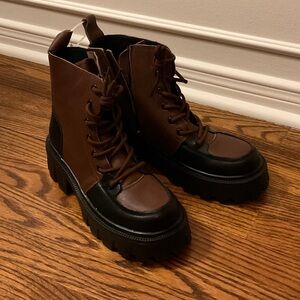 Brown and Black Chunky Lace-Up Boots